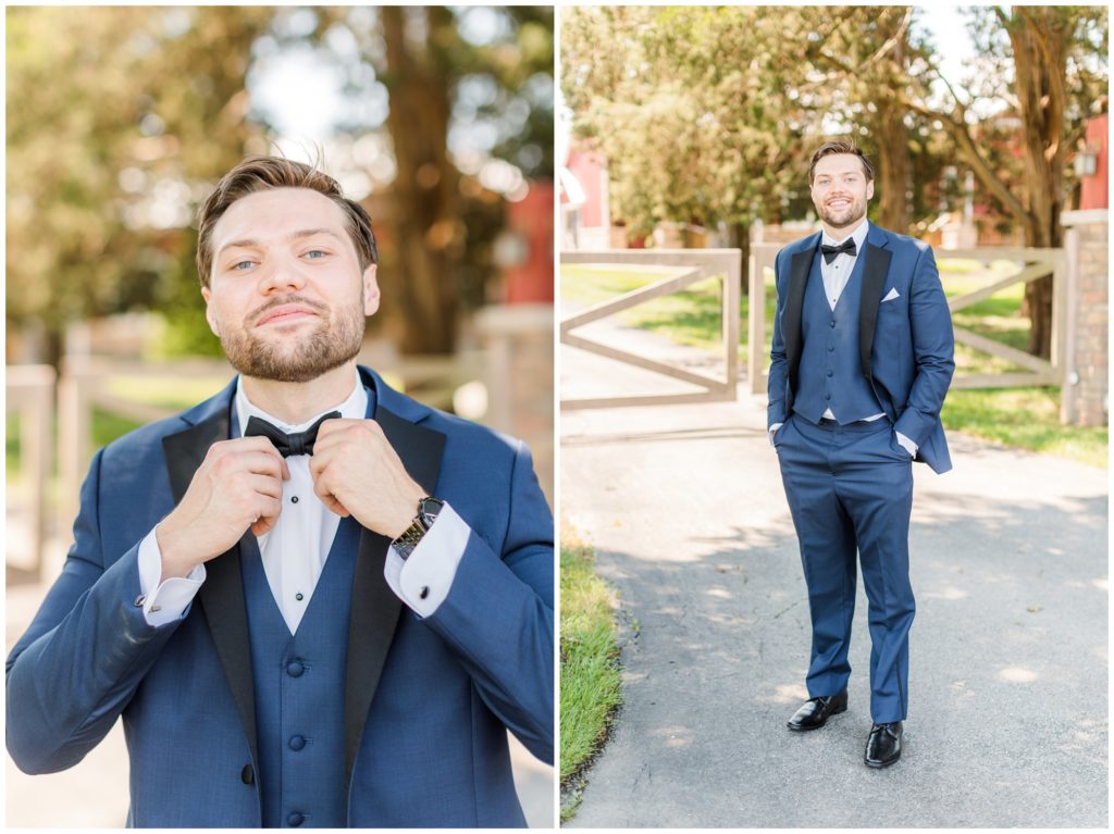 The groom poses in his royal blue tux. 