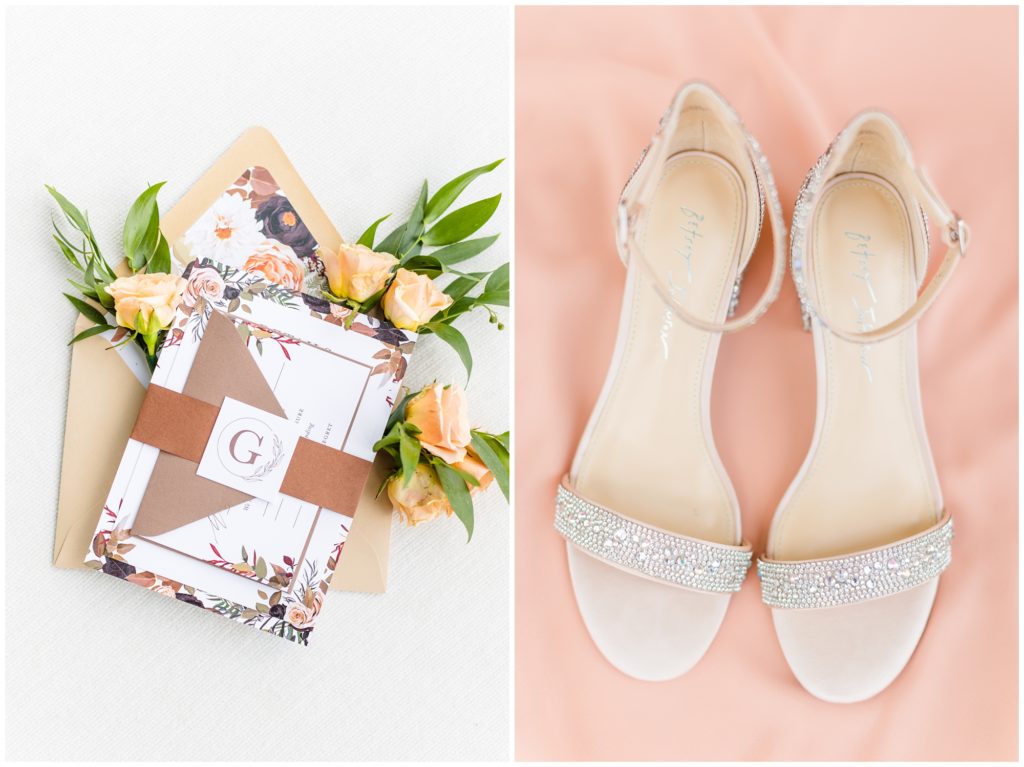The floral invitation suite is displayed on peach roses. 2nd picture: the bride's Betsey Johnson wedding shoes are shown on a background of a peach bridesmaid dress. 