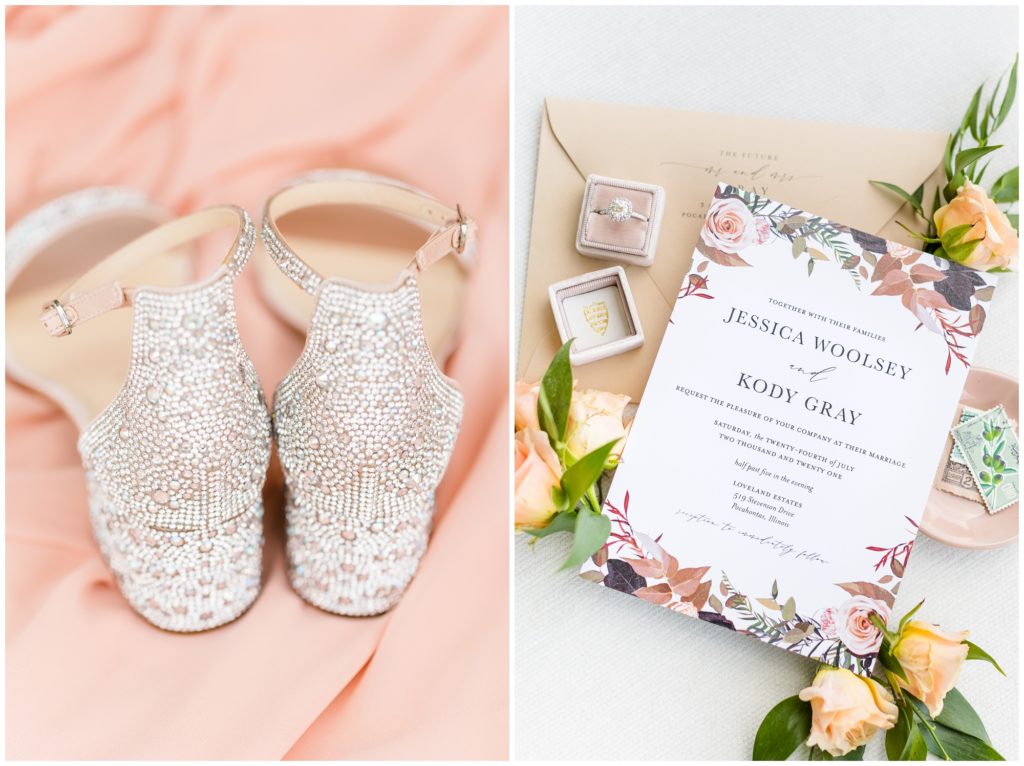 the bride's Betsey Johnson wedding shoes are shown on a background of a peach bridesmaid dress. 2nd picture: The floral invitation suite is displayed on peach roses. 