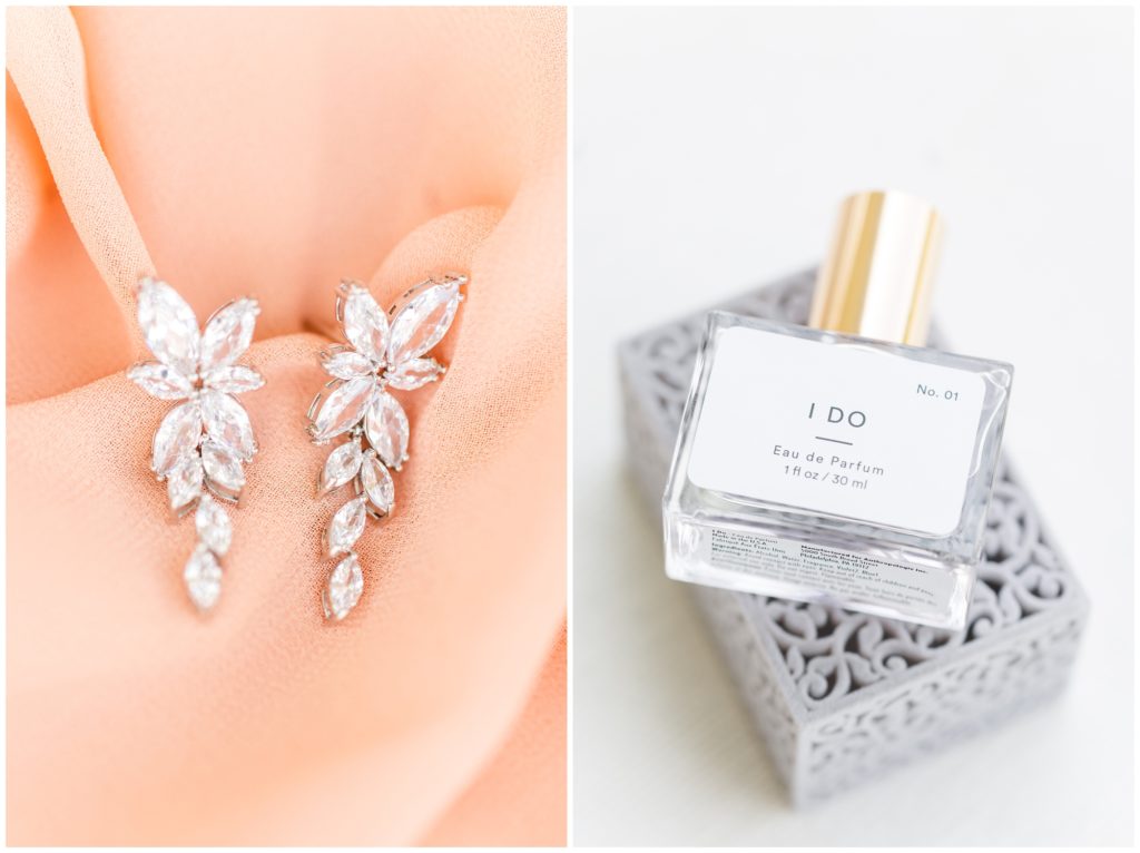 the bride's diamond wedding earrings are shown on a background of a peach bridesmaid dress. 2nd picture: the bride's perfume, called "I do"
