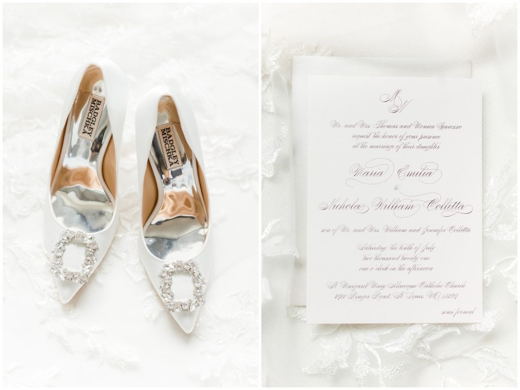 The bride's white Badgley Mischka wedding shoes. 2nd picture: the wedding invitation suite is displayed on the wedding veil 
