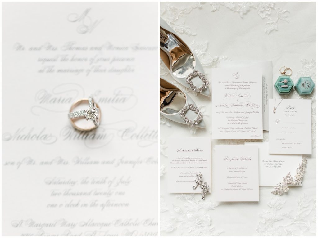 The bride's white gold ring set is set atop the groom's yellow gold wedding band, displayed on the wedding invitation suite. 2nd picture: The bride's white gold ring set is set in a light turquoise monogrammed ring box, Badgley Mischka wedding shoes are displayed on the wedding invitation suite, on top of the wedding veil 