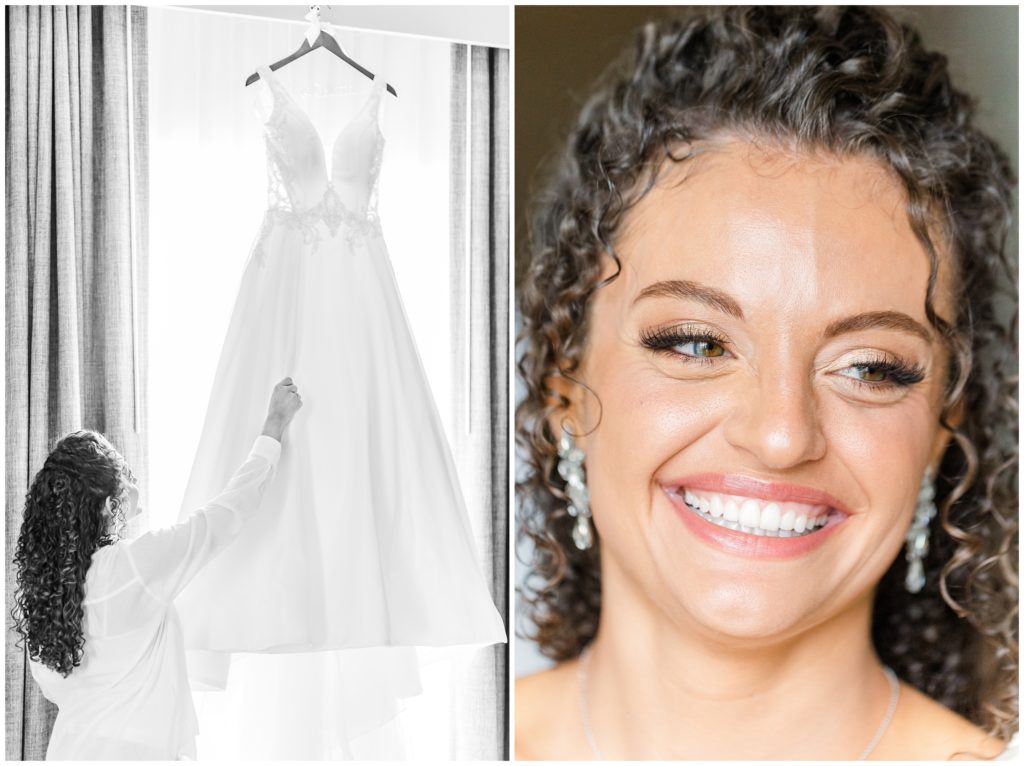 The bride's white wedding gown is displayed on a custom hangar in front of a window. 