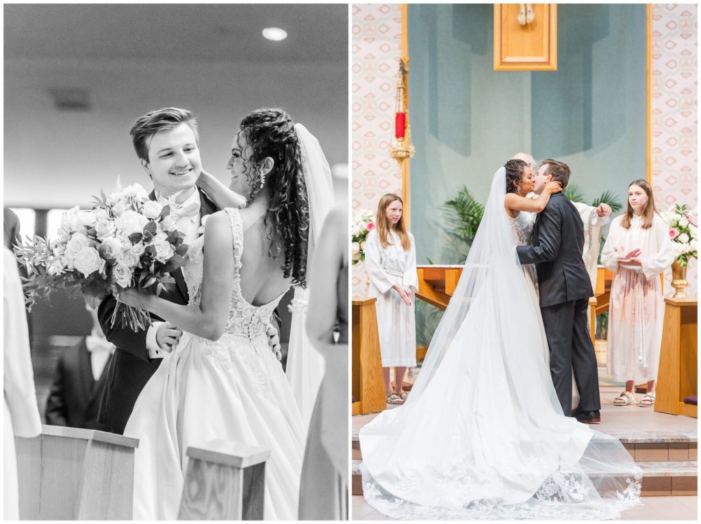 The wedding ceremony at St. Margaret Mary Alacoque Catholic Church. 2nd picture: the bride and groom kiss as husband and wife. 