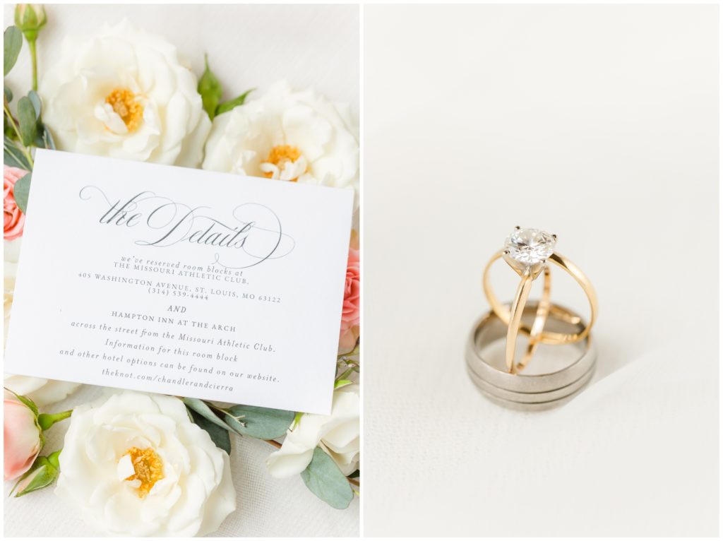 Wedding invitation suite displayed on a background of light pink and white florals. Second picture shows the engagement ring and both wedding bands. 