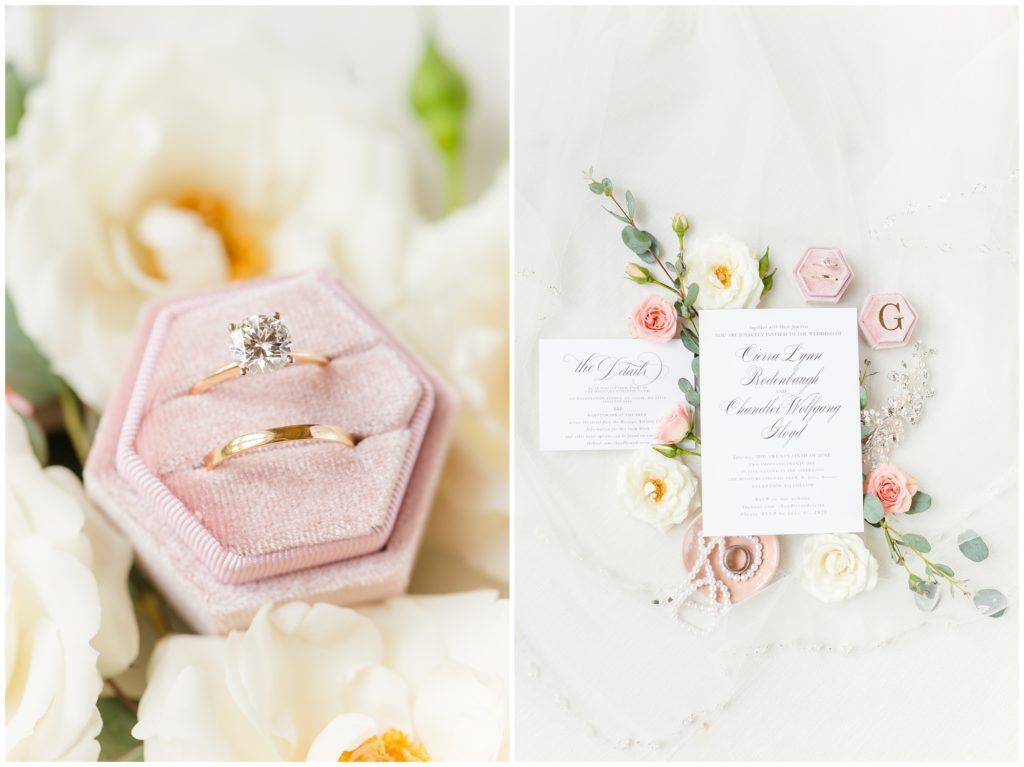 First picture shows the engagement ring and wedding band of the bride. Second picture: Wedding invitation suite displayed on a background of light pink and white florals. 