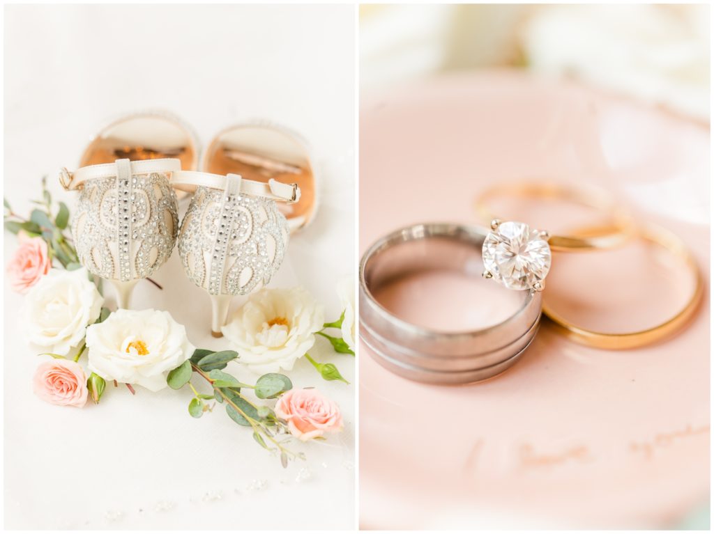 The bride's creamy white wedding shoes, adorned with a lace-inspired crystal design, are show on her wedding flowers - white and pale pink. 2ndpicture shows the engagement ring and both wedding bands. 