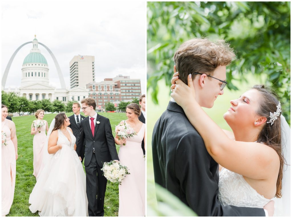 The wedding party poses for a group photo with the st louis arch in the background. 2nd photo: the couple embraces in a portrait. 