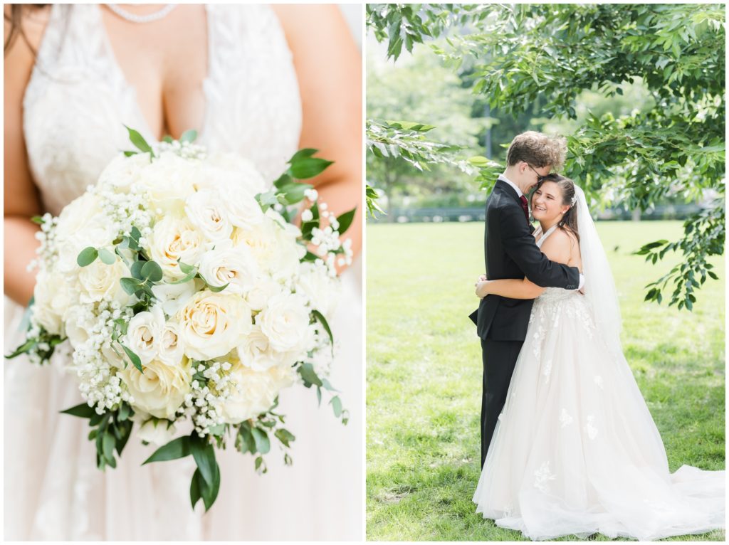 The bride shows off her white round bouquet. The second photo shows the couple embracing in a wedding portrait. 