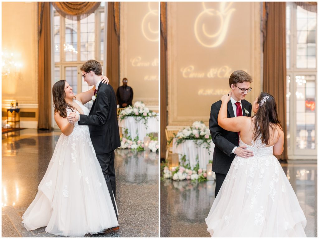 The couple enjoys their first dance in the ballroom of the Missouri Athletic club 