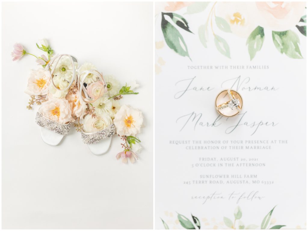 1st pic: The bride's Badgley Mischka crystal studded wedding shoes are topped with pale peach and white garden florals.  2nd pic: An English garden themed wedding invitation suite on a background of pale peach florals. 