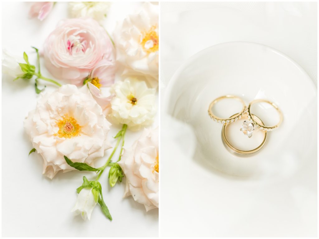 1st pic: The english garden style bouquet is pictured with pale peaches and pinks, along with bright white and soft green.  2nd pic: The bride's engagement ring and both wedding bands are pictured on a white ring dish. 