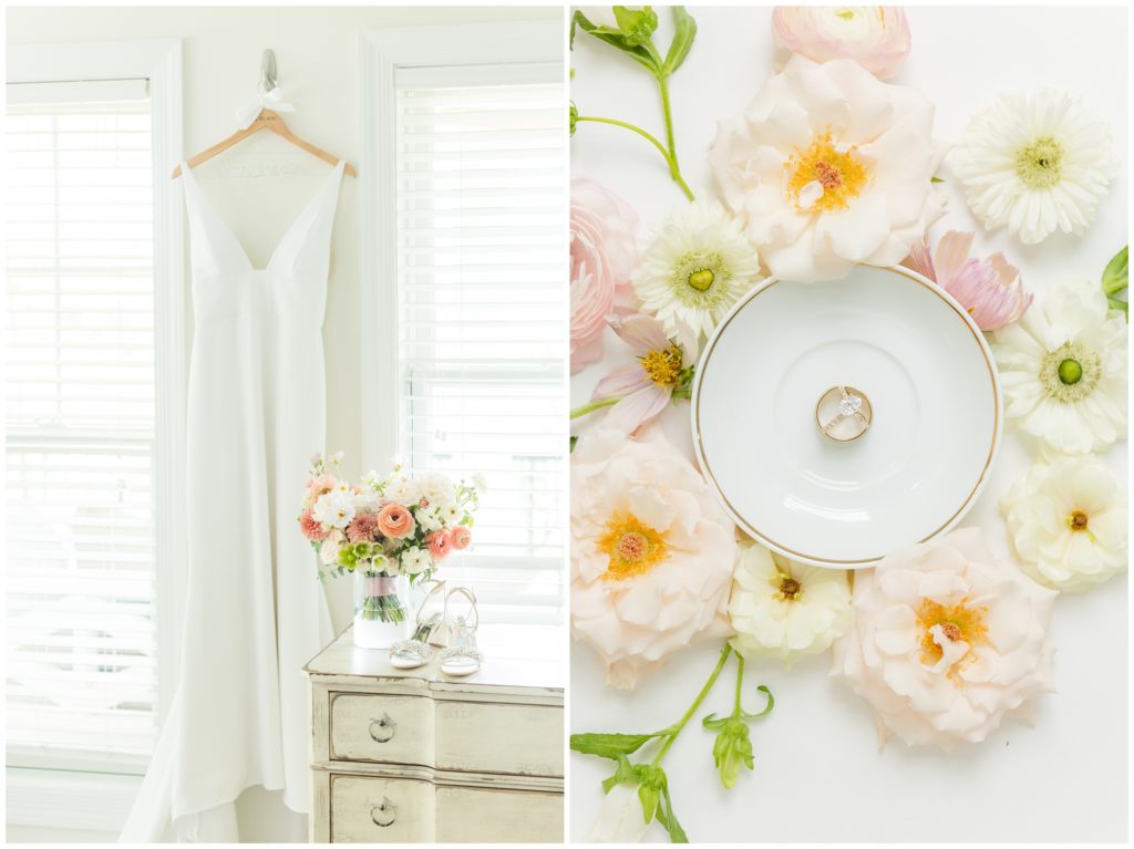 1st pic: The bride's wedding dress is next to a dresser. On the dresser is The english garden style bouquet is pictured with pale peaches and pinks, along with bright white and soft green., and the bride's wedding shoes. 2nd pic: The bride's engagement ring and both wedding bands are pictured on a white ring dish. 