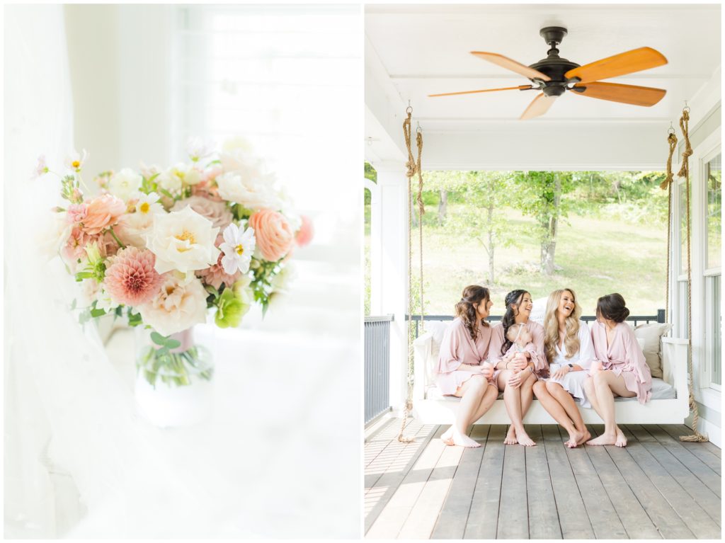 1st pic: The english garden style bouquet is pictured with pale peaches and pinks, along with bright white and soft green. 2nd pic: The bridal party laughs on a porch while getting ready. 