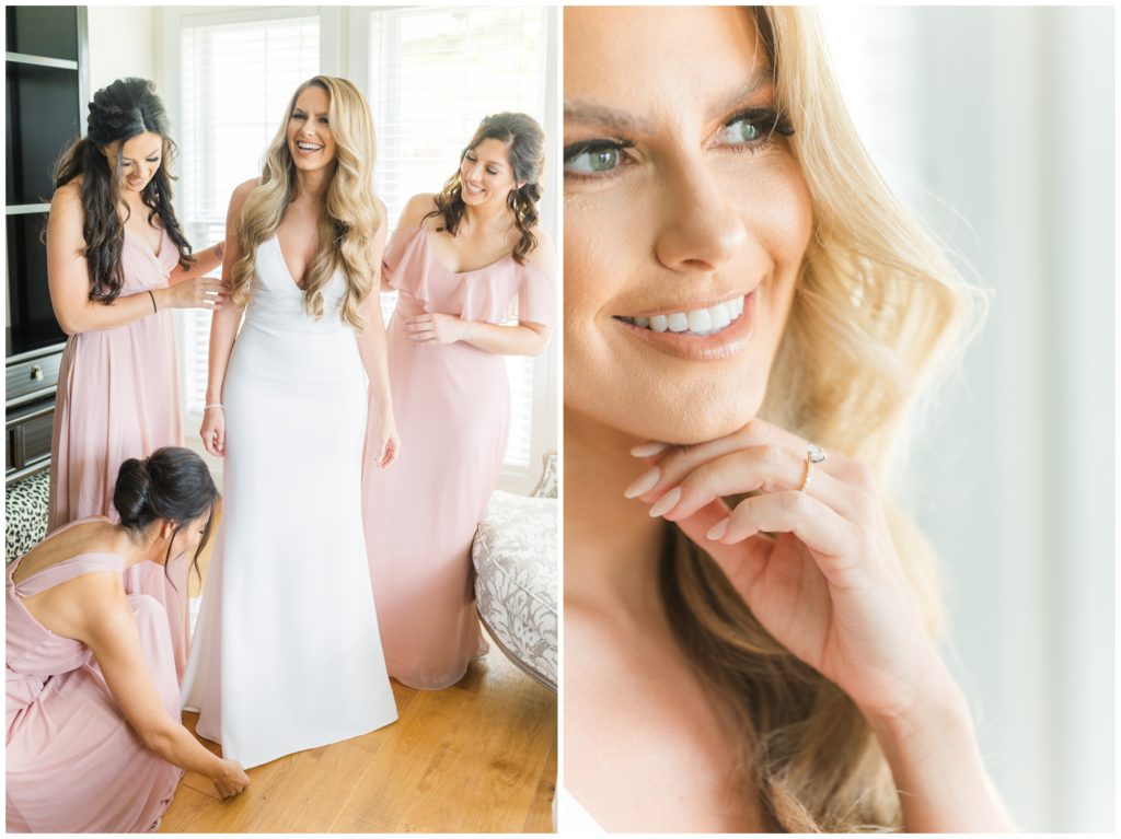 1st pic: the bride poses with her bridal party. 2nd pic: The bride poses in her gown in front of a window. 