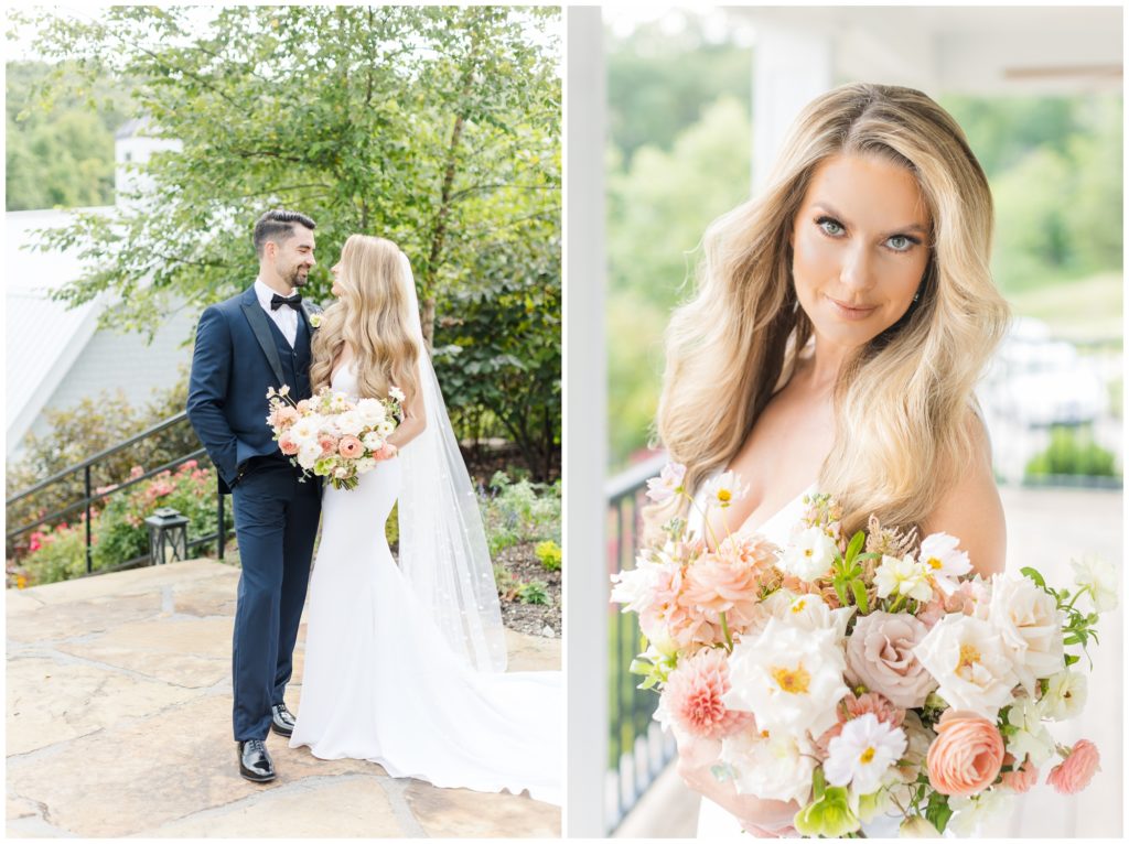 1st pic: The bride and groom pose for portraits.  2nd pic: The bride holds her The english garden style bouquet is pictured with pale peaches and pinks, along with bright white and soft green.