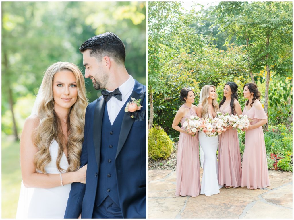 1st pic: The bride and groom pose for portraits. 2nd pic: The bride poses with her bridesmaids in their blush pink dresses. 