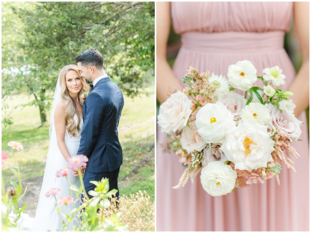 1st pic: The bride and groom pose for portraits. 2nd pic: A bridesmaid holds her english garden style bouquet is pictured with pale peaches and pinks, along with bright white and soft green.