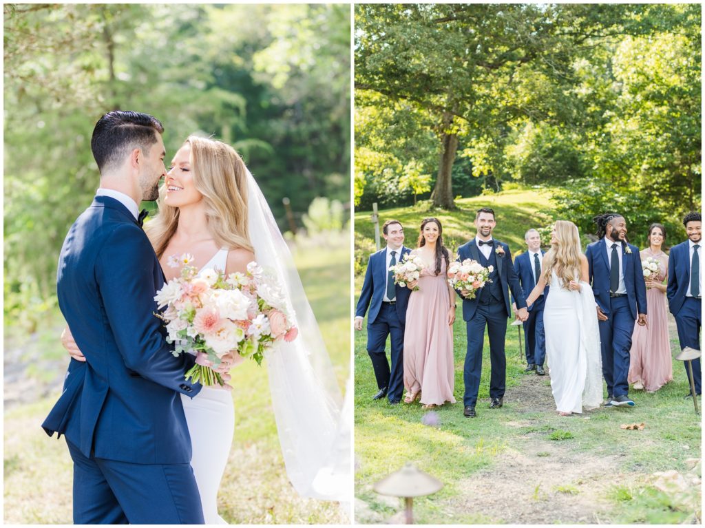 1st pic: The bride and groom pose for portraits.  2nd pic: The bridal party is pictured. The bridesmaids are in a blush pink floor-length gown and the men are wearing blue suits. 