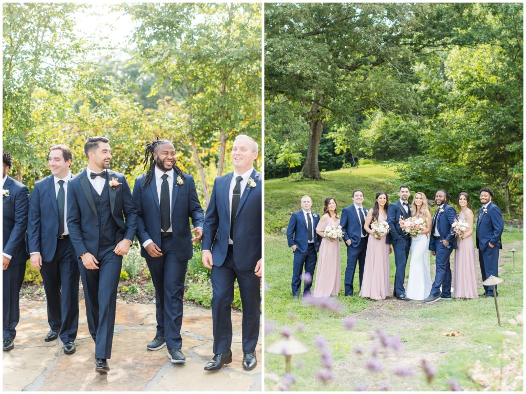 1st pic: The groom's attendants pose in their blue suits.  2nd pic: The bridal party is pictured. The bridesmaids are in a blush pink floor-length gown and the men are wearing blue suits. 