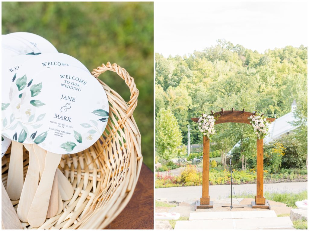 1st pic: the wedding programs (in the shape of fans) are displayed in a basket. 2nd pic: the wooden wedding arch, topped with blush pink florals, is displayed. 