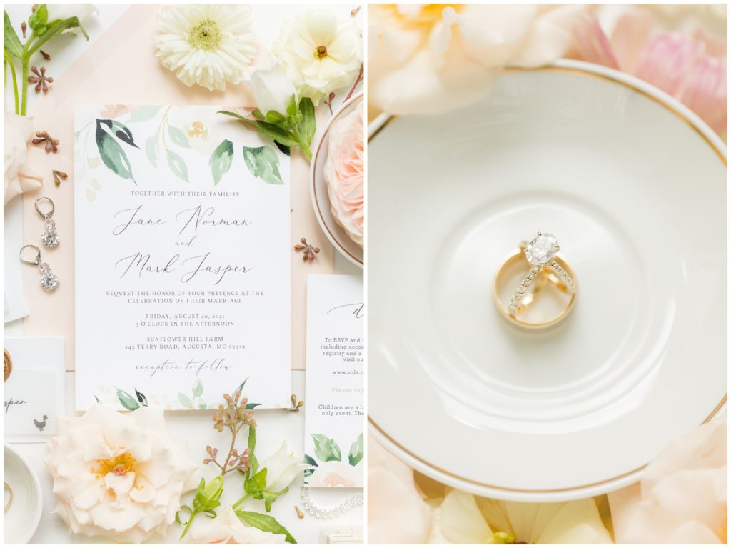 1st pic: An English garden themed wedding invitation suite on a background of pale peach florals. 2nd pic: The bride's engagement ring and bot wedding bands are pictured on a white and gold dish. 