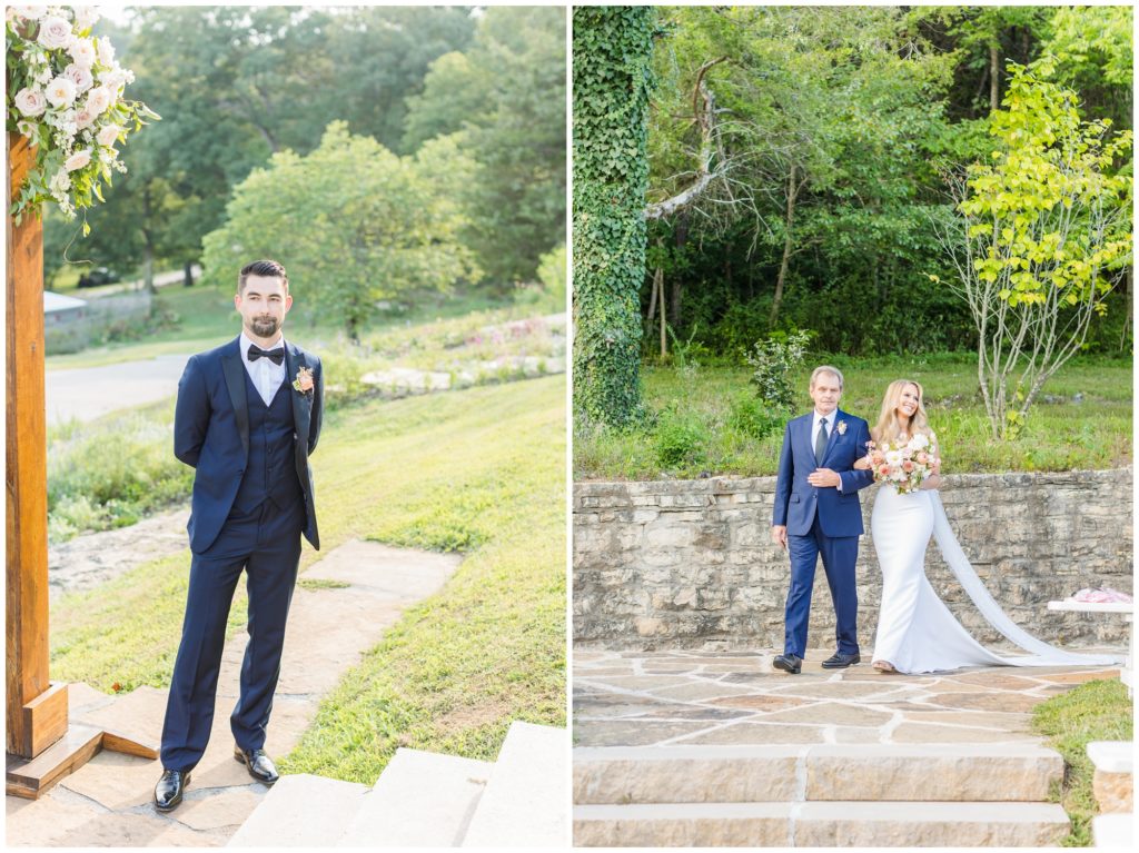 1st pic: the groom waits under the arch. 2nd pic: the bride is escorted by her father. 