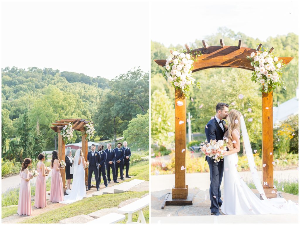 The couple exchange vows under the the wooden wedding arch, topped with blush pink florals.