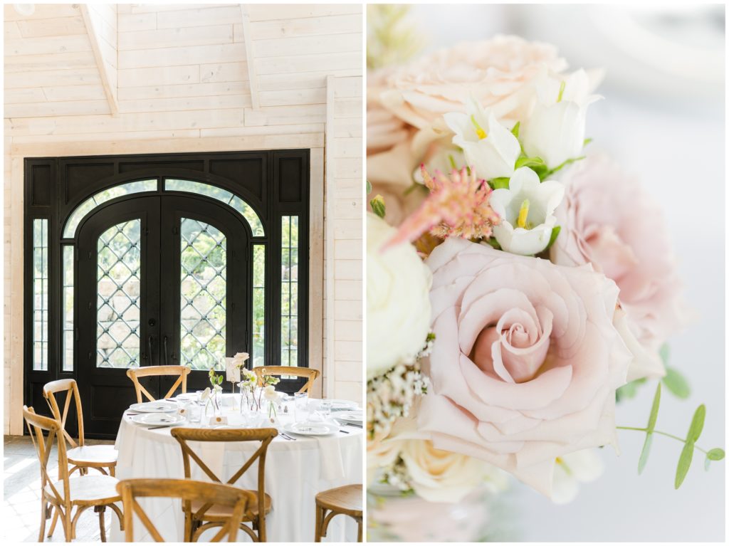 1st pic: The reception space is shown, complete with wooden chairs, white table cloths, and a simple garden style table setting. 2nd pic:  The english garden style arrangement  is pictured with pale peaches and pinks, along with bright white and soft green.