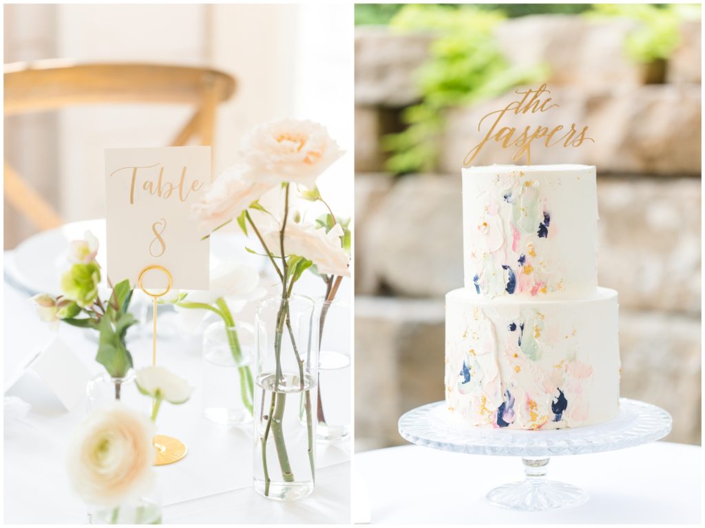 1st pic: The reception space is shown, complete with wooden chairs, white table cloths, and a simple garden style table setting. 2nd pic: The wedding cake, white with colored icing smears, is shown with a custom cake topper. 