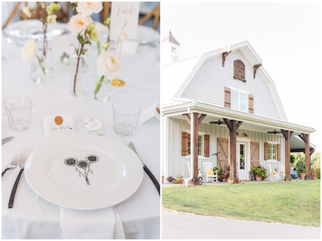1st pic: The reception space is shown, complete with wooden chairs, white table cloths, and a simple garden style table setting. 2nd pic: The exterior of the barn wedding venue. 