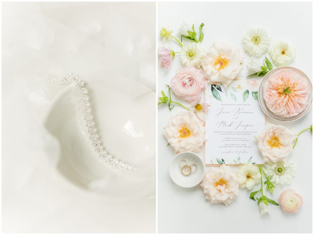 1st pic: the bride' crystal necklace is pictured in a white dish  ontop of the wedding veil.  2nd pic: An English garden themed wedding invitation suite on a background of pale peach florals. 