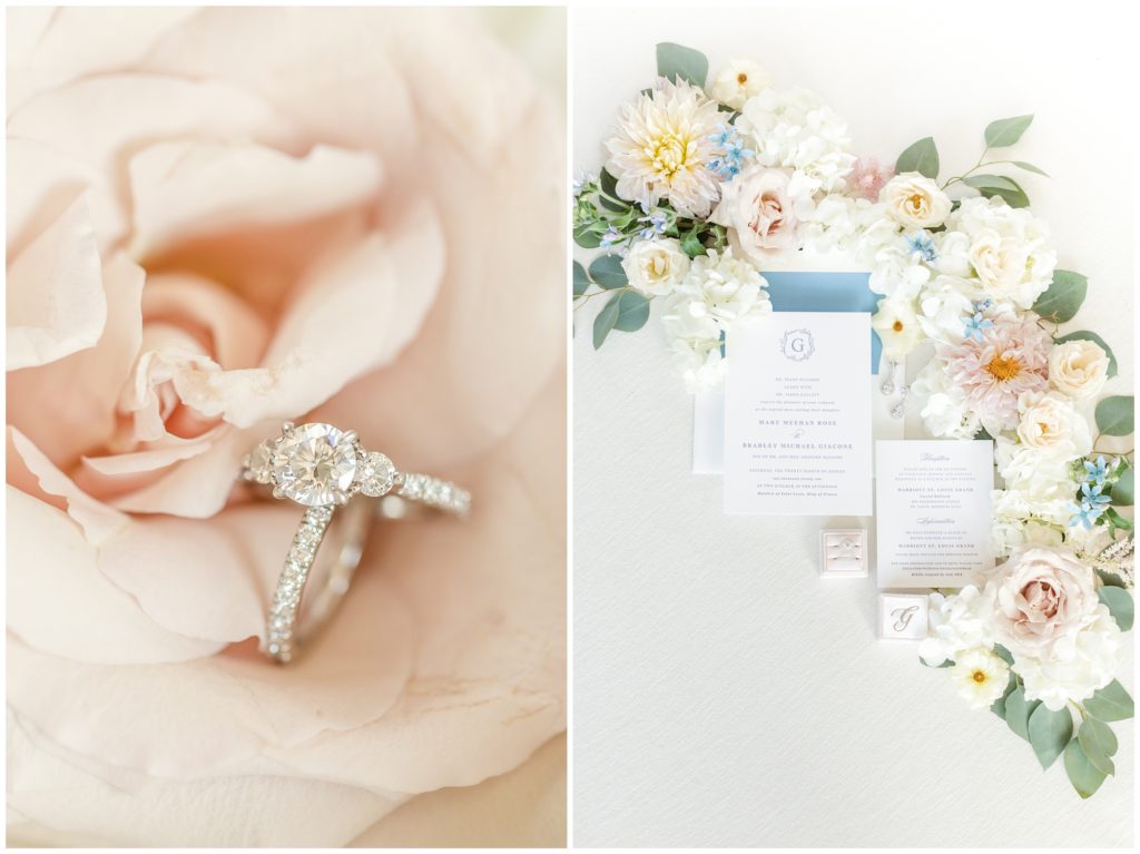 1st pic: The bride's jewelry sits atop a pale pink flower. 2nd pic: Invitation suite on florals 