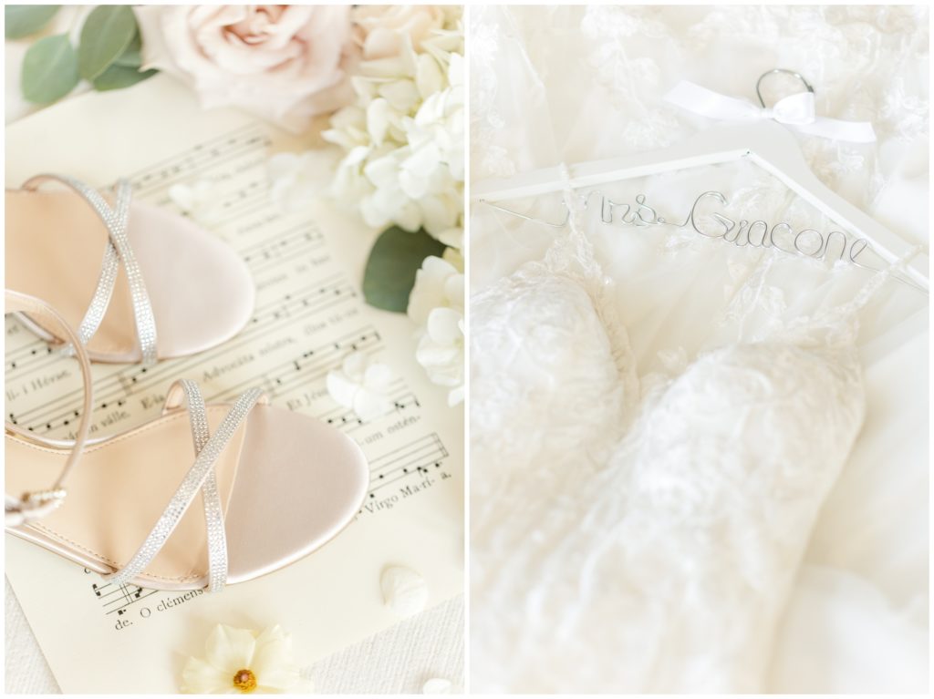 1st pic: The bride's Badgley Mischka wedding shoes are displayed on sheet music. 2nd pic: the bride's wedding gown is hung on a custom hanger with her new last name. 