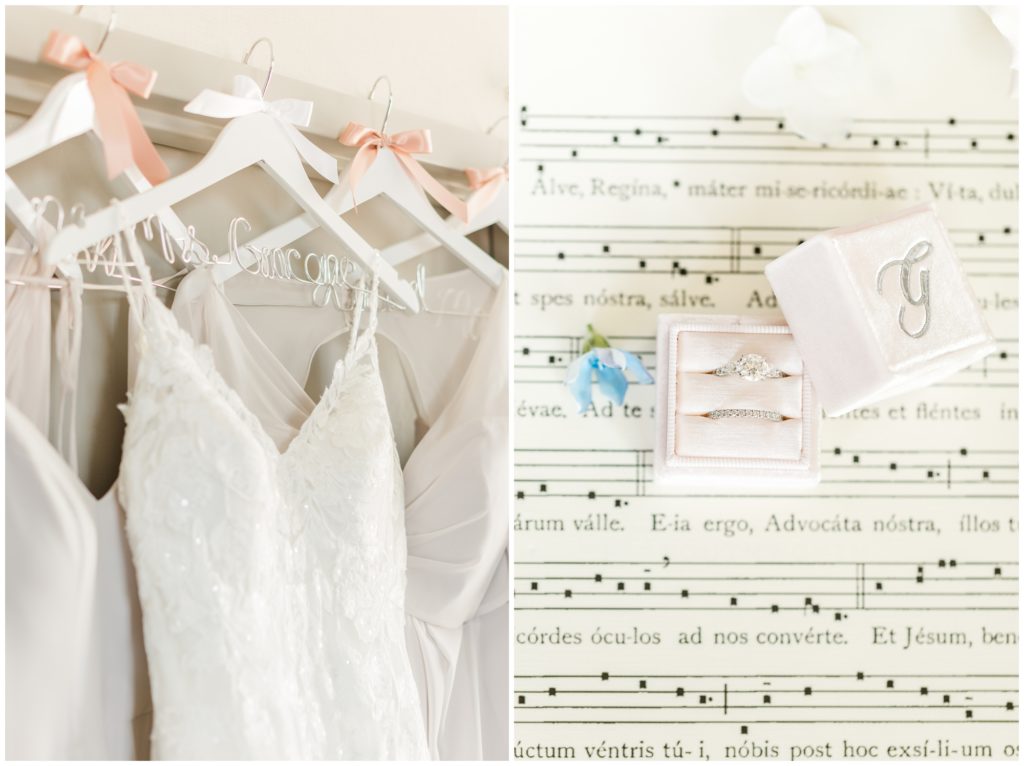 1st pic: the bride's wedding gown is hung on a custom hanger with her new last name.  2nd pic: Bridal jewelry is displayed on sheet music.