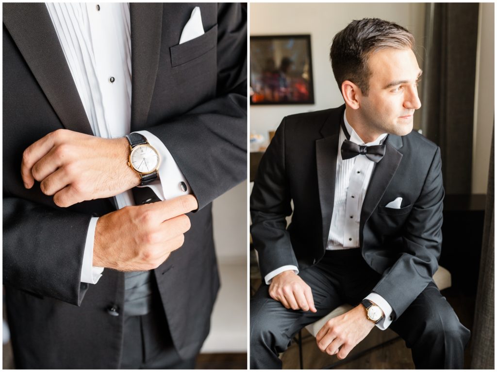 The groom poses for a portrait in his tux. 