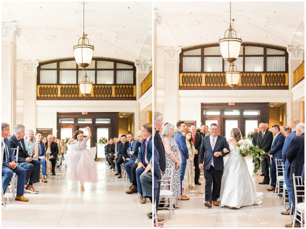 1st pic: The wedding ceremony begins 2nd pic: the floral aisle markers are pictured. 
