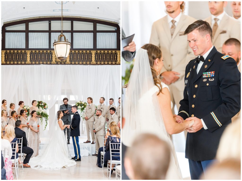 1st pic: The wedding ceremony begins. 2nd pic: The bride and groom seal their union with a kiss. 