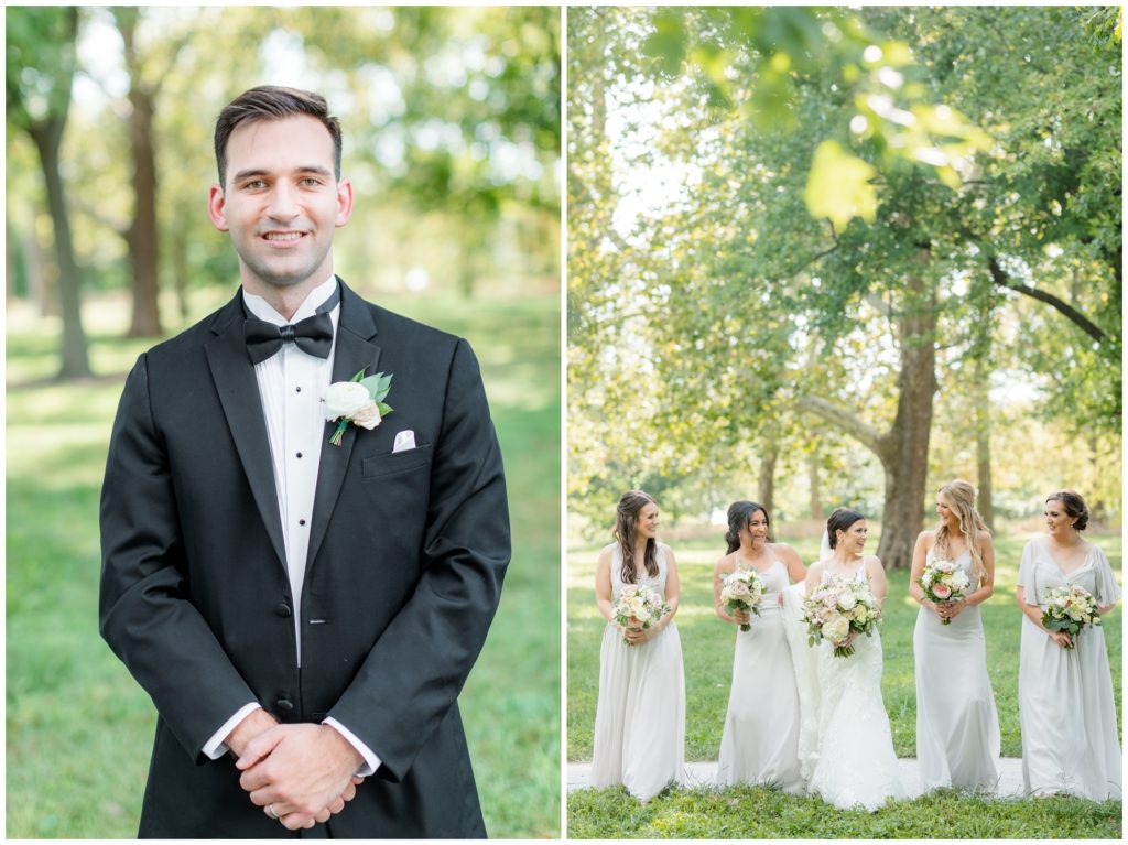 1st pic: The groom poses for a portrait in his tux. 2nd pic: The bridal party is pictured. 