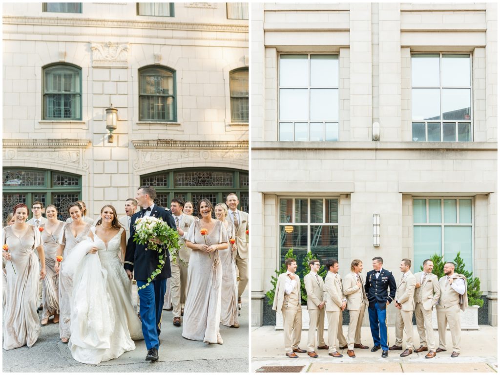 1st pic: The bridal party is pictured. 2nd pic: The groom poses for a portrait in his tux. 