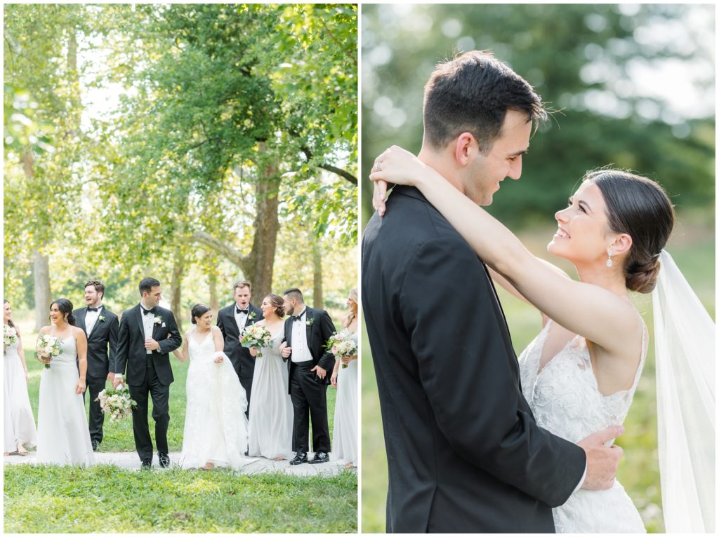 1st pic: The bridal party is pictured. 2nd pic: The bride and groom are pictured in a portrait 