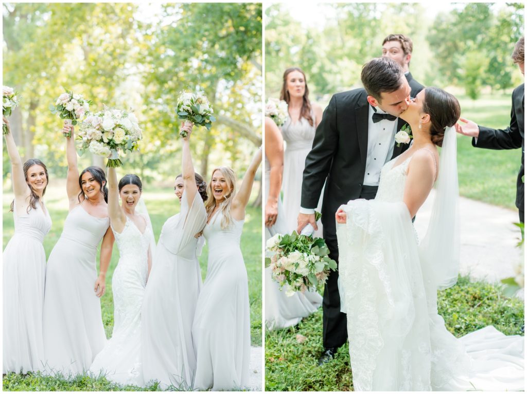1st pic: The bridal party is pictured.  2nd pic: The bride and groom are pictured in a portrait 