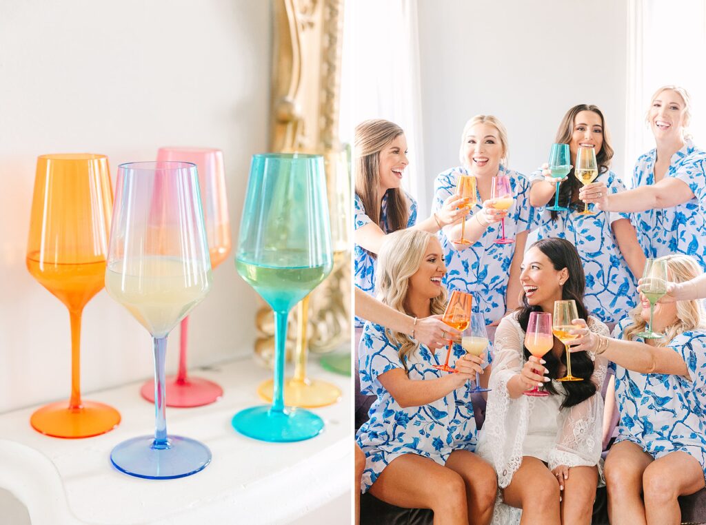 Colorful Wine Glasses, Bridesmaids blue-and-white Pajama gift, Cheers Bride, Gold Door Loft AirBnB