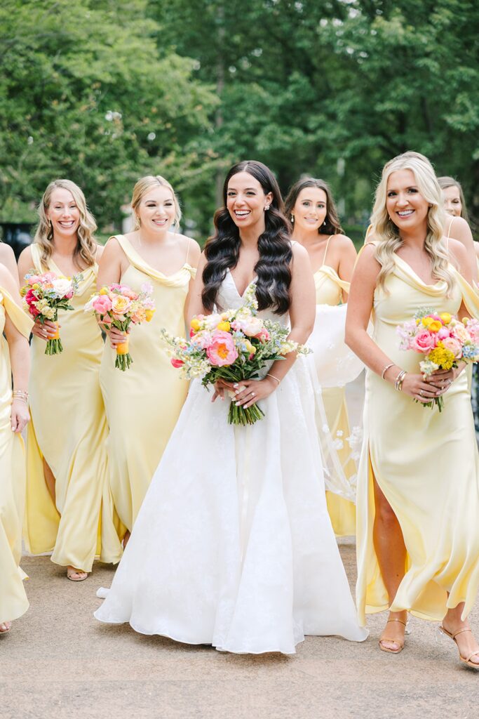 Yellow bridesmaids gown, colorful summer wedding, Missouri