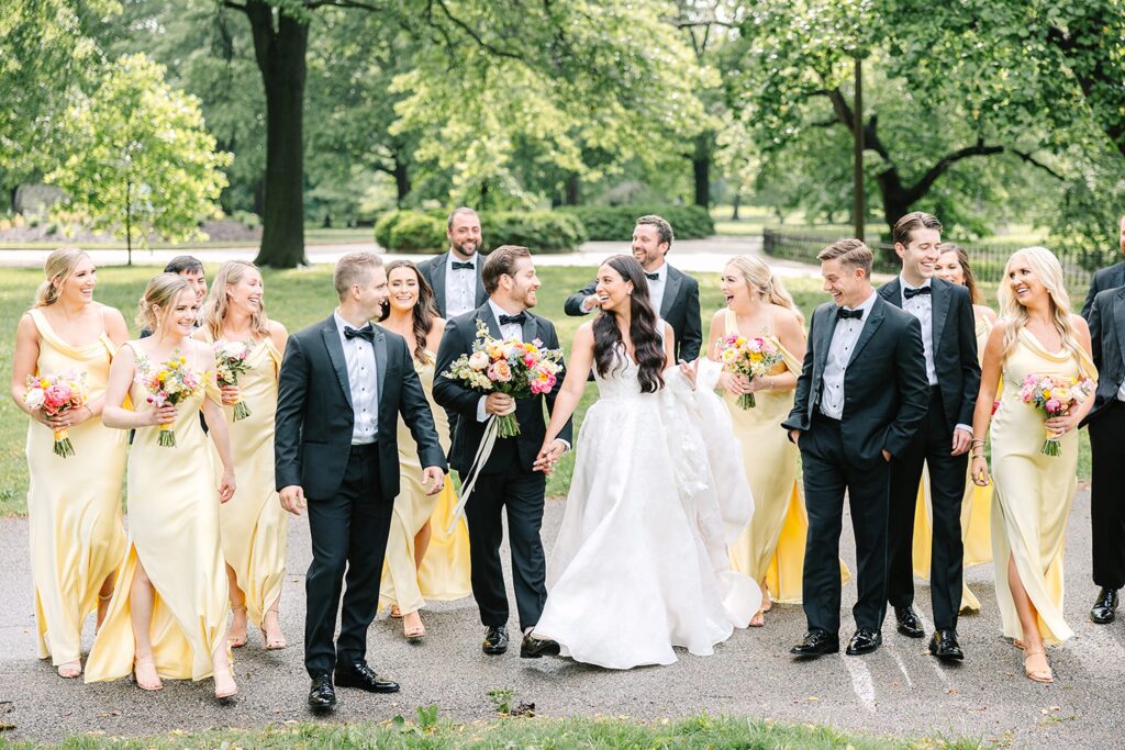yellow bridesmaids, black tuxes with bowties, wedding inspiration