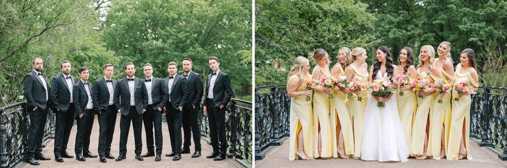 pastel yellow bridesmaids gowns, colorful bouquets, black tuxes, St. Louis wedding
