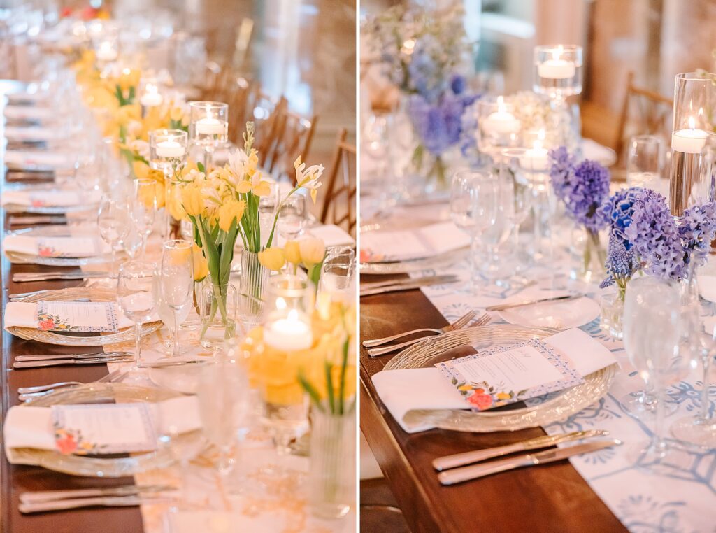 Yellow florals, purple florals, custom wedding linens, emily broadbent photography