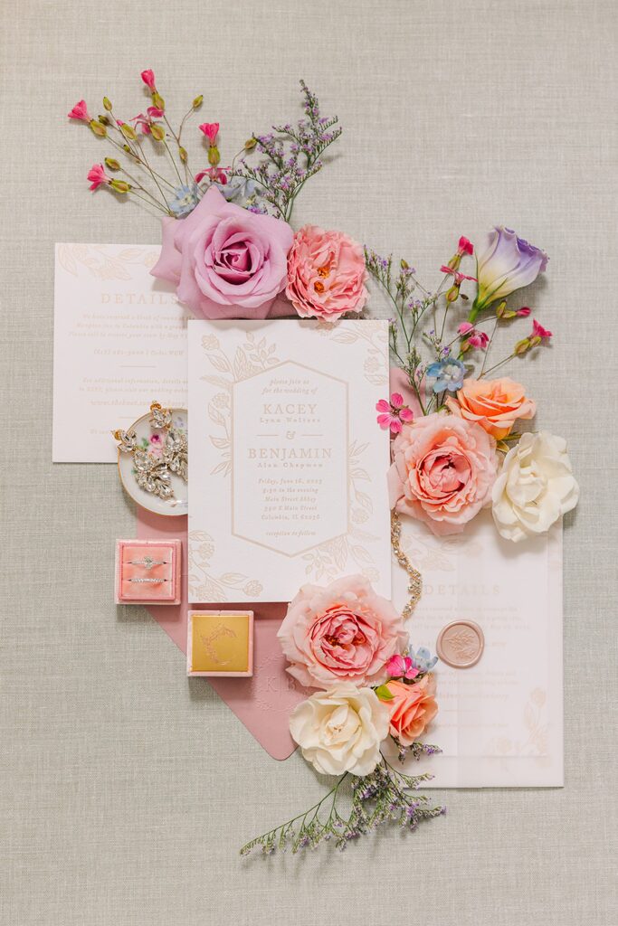 Bridgerton flatlay, pastel romantic invitation suite, whimsical wedding inspo