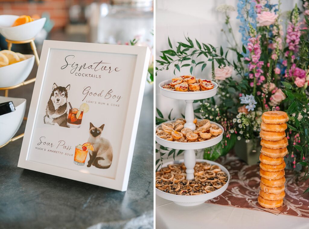 wedding treats, classy wedding dessert table, signature wedding cocktails pets, wedding donuts