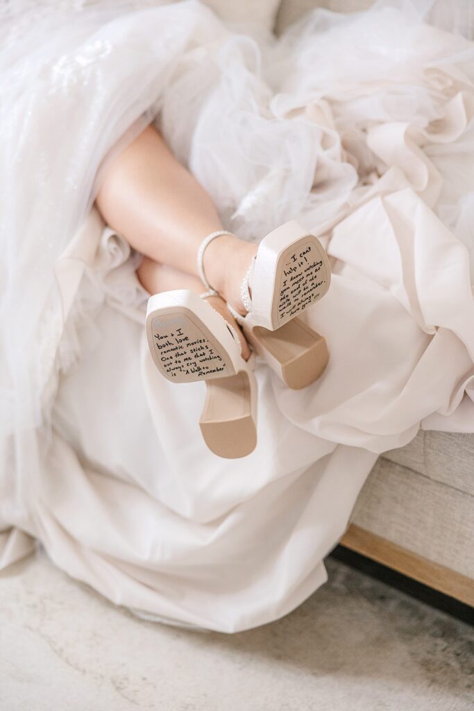Bridal platform sandals, special note on shoe bottom, thoughtful weddin gift ideas